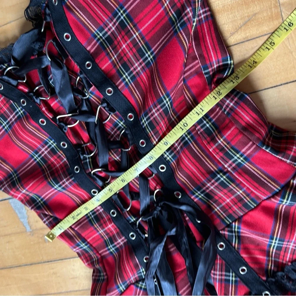 Hearts And Roses Sz 10 Harley Tartan Plaid Lace Emo Goth Mini Dress - Picture 11 of 12
